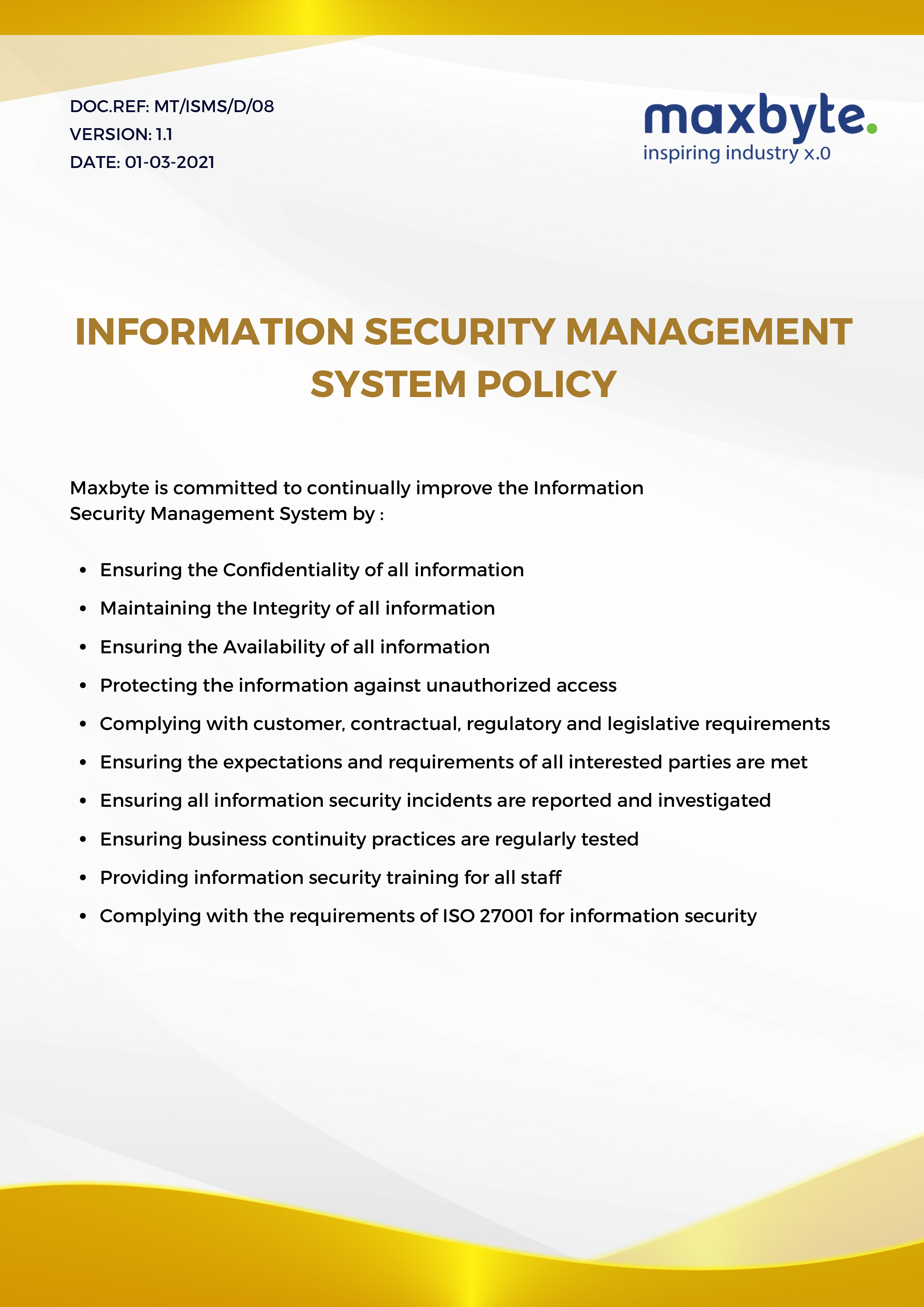 Maxbyte Certified on Information Security Management System Policy - ISMS